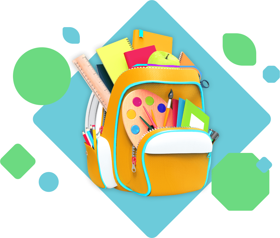 A yellow backpack with school supplies.